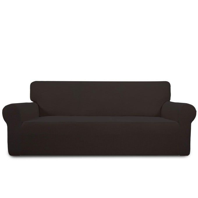 STRETCH SOFA SLIPCOVER SPANDEX JACQUARD NON SLIP SOFT COUCH SOFA COVER WASHABLE FURNITURE PROTECTOR WITH NON SKID FOAM AND ELASTIC BOTTOM FOR KIDS SOFA CHOCOLATE