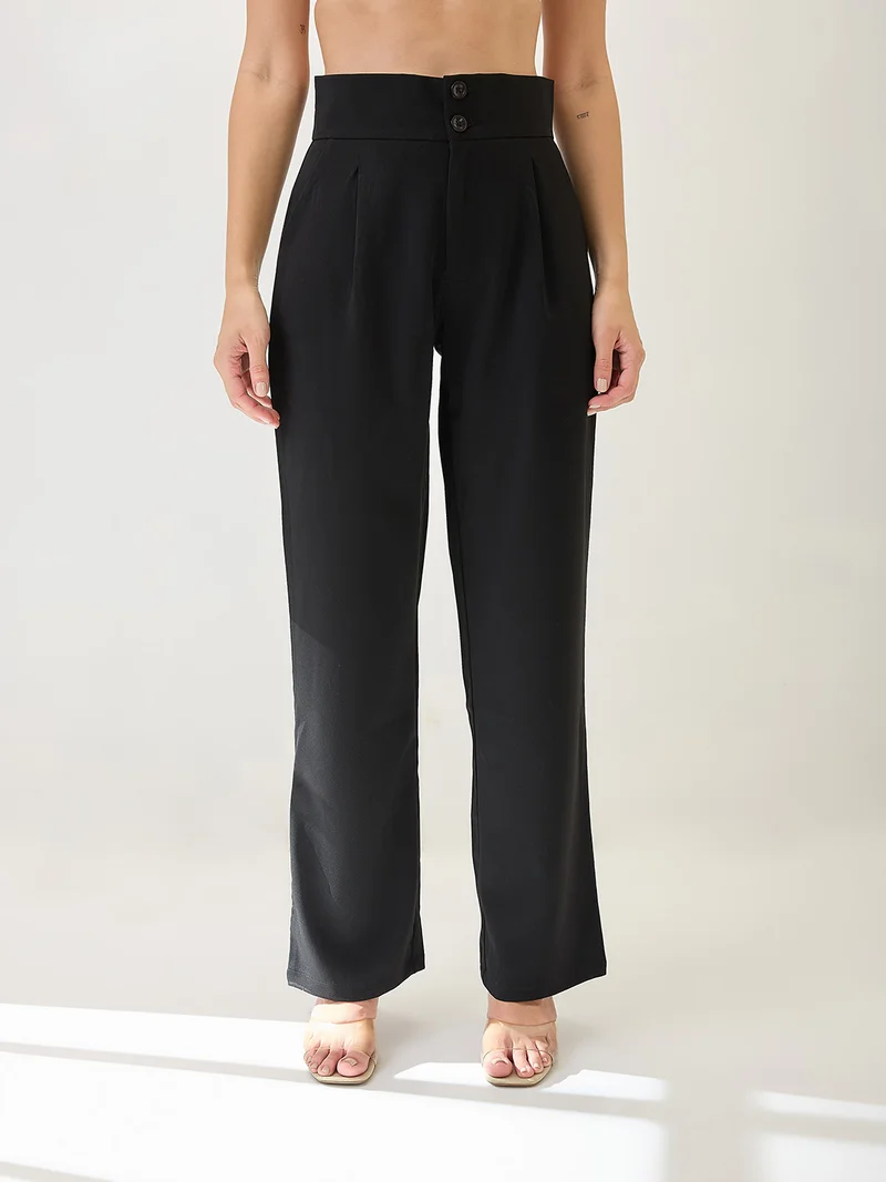 جلو باص بنطلون نسائي كوري رسمي بخصر متوسط وطيات