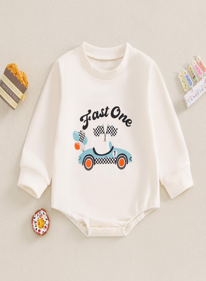 KMBANGI First Birthday Baby Boy Girl Clothes Fast One Race Car Romper Bubble Sweatshirt Top 1st Birthday Cake Smash Outfit (Beige, 12-18 Months) - Image 2