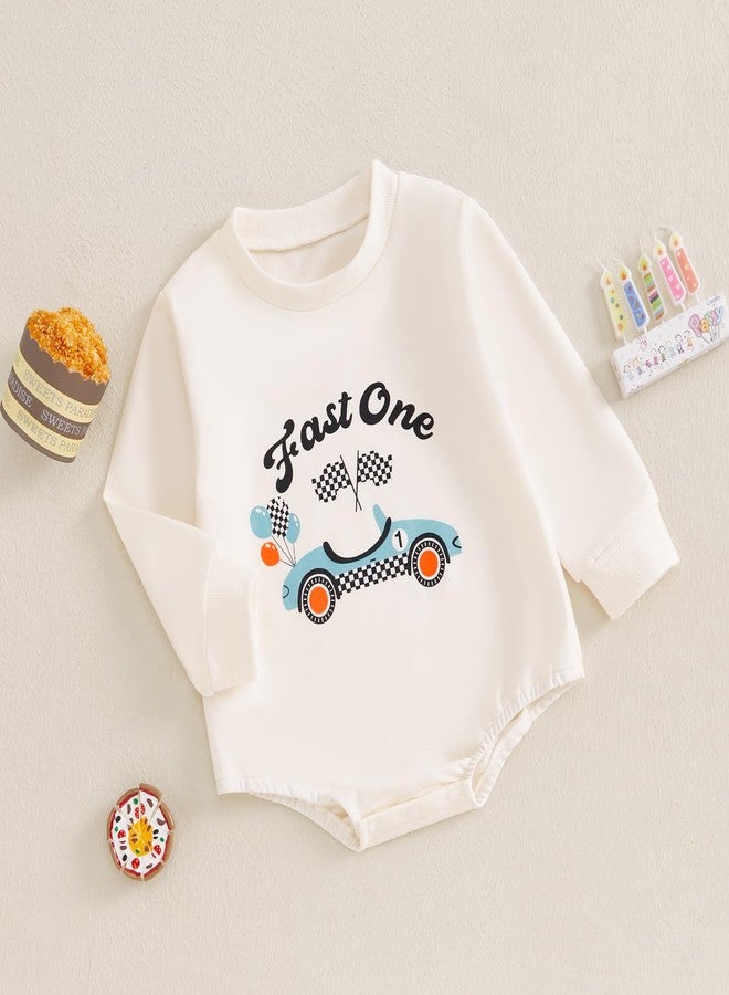 KMBANGI First Birthday Baby Boy Girl Clothes Fast One Race Car Romper Bubble Sweatshirt Top 1st Birthday Cake Smash Outfit (Beige, 12-18 Months) - Image 3