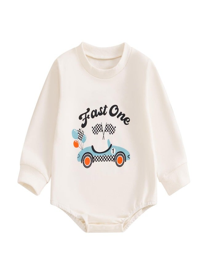 KMBANGI First Birthday Baby Boy Girl Clothes Fast One Race Car Romper Bubble Sweatshirt Top 1st Birthday Cake Smash Outfit (Beige, 12-18 Months) - Image 1