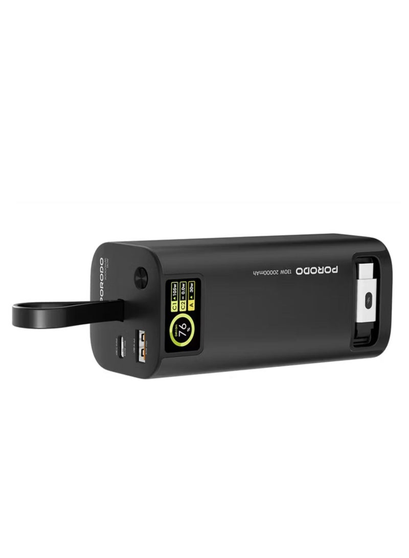 porodo 20000mAh 130W Power Bank with 1m Retractable Type-C Cable, 100W Power Delivery, Suitable for Laptop Charging, Digital Display - Black - Image 4