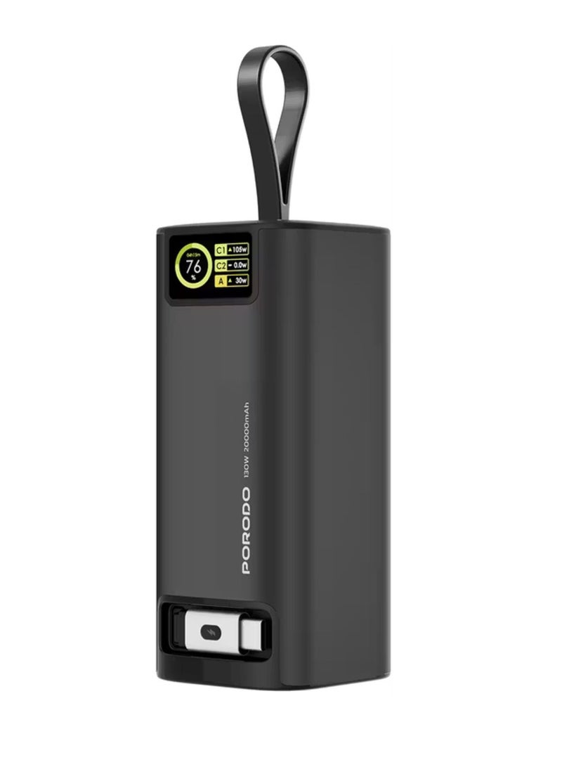 porodo 20000mAh 130W Power Bank with 1m Retractable Type-C Cable, 100W Power Delivery, Suitable for Laptop Charging, Digital Display - Black - Image 2