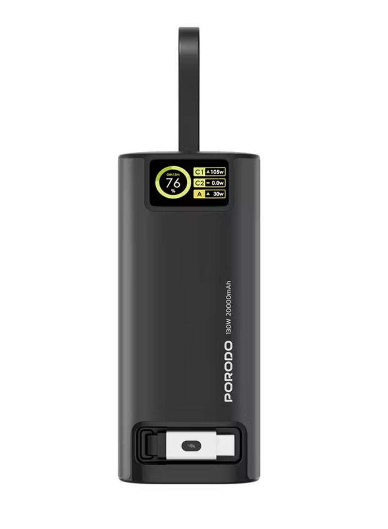 porodo 20000mAh 130W Power Bank with 1m Retractable Type-C Cable, 100W Power Delivery, Suitable for Laptop Charging, Digital Display - Black - Image 1