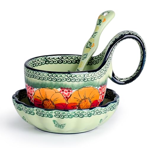 silesia Handmade Loop Handle Soup Bowl, Plate and Spoon Set Ceramic Hand Painted Cereal Bowl Great for Soup, Ice cream, Snack, Stew in Gift Box, Dishwasher & Microwave Safe, Glazed Green - Image 1