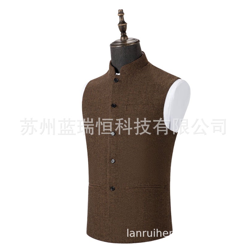 general Men's Stand Collar Herringbone Pattern Vest Slim Fit Polyester Fiber Blend - Image 4