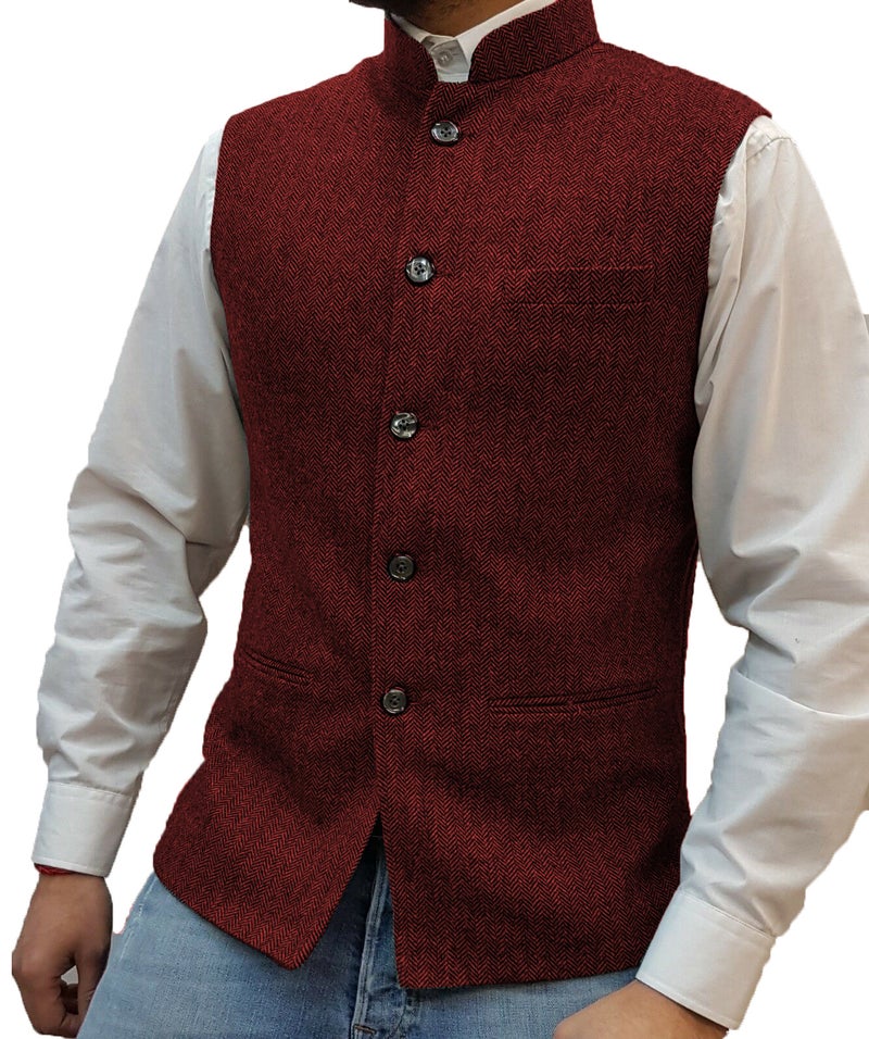 general Men's Stand Collar Herringbone Pattern Vest Slim Fit Polyester Fiber Blend - Image 1