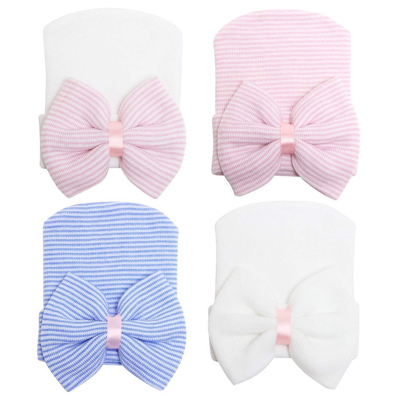 Sarfel Newborn Hats for Girls Hospital Hat Baby Girl Bows and Headbands Infant Beanie Nursery Caps 4 Pack Bow B - Image 1