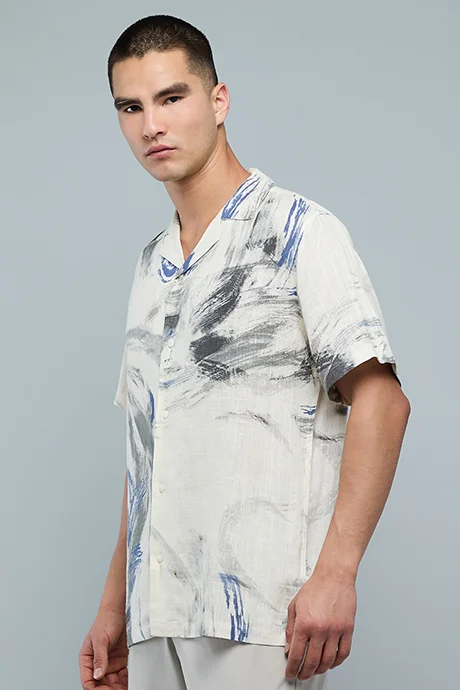 أر أند بي Printed Shirt with Revere Collar and Short Sleeves