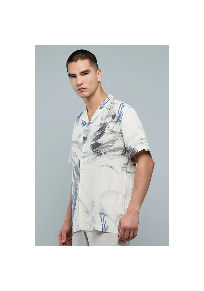 R&b Printed Shirt with Revere Collar and Short Sleeves