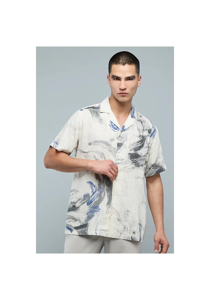 R&b Printed Shirt with Revere Collar and Short Sleeves