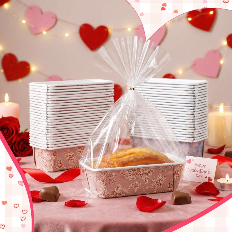 Potchen 50 Set Valentine's Day Mini Loaf Pans Disposable Red Pink Heart Paper Cake Pan Liner with Wrapping Bag and Ties 6.3 x 2.2 x 2.2 Inch Rectangle Baking Bowl for Bread Muffin(Cupid) - Image 4