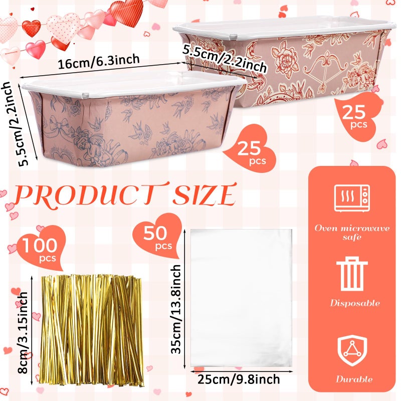 Potchen 50 Set Valentine's Day Mini Loaf Pans Disposable Red Pink Heart Paper Cake Pan Liner with Wrapping Bag and Ties 6.3 x 2.2 x 2.2 Inch Rectangle Baking Bowl for Bread Muffin(Cupid) - Image 2