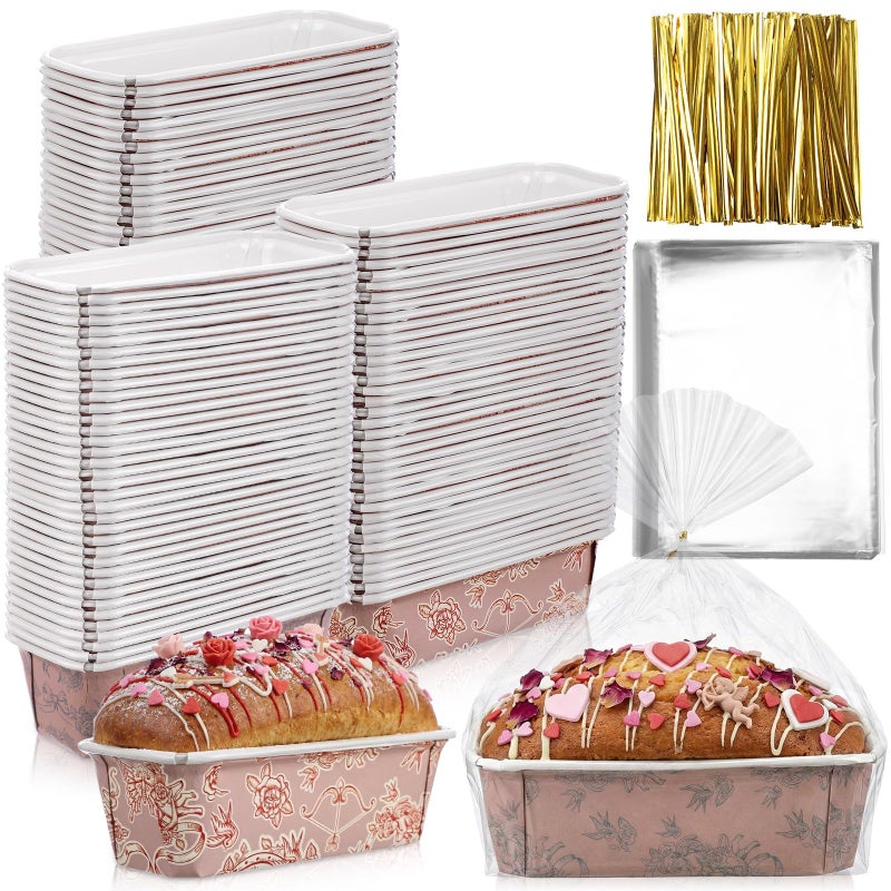 Potchen 50 Set Valentine's Day Mini Loaf Pans Disposable Red Pink Heart Paper Cake Pan Liner with Wrapping Bag and Ties 6.3 x 2.2 x 2.2 Inch Rectangle Baking Bowl for Bread Muffin(Cupid) - Image 1