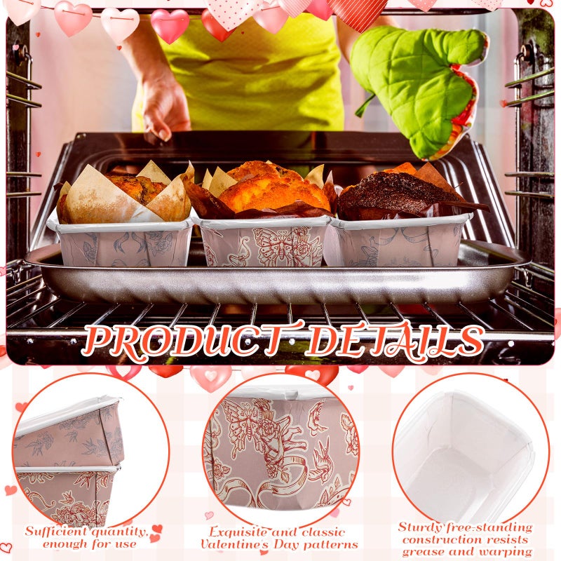 Potchen 50 Set Valentine's Day Mini Loaf Pans Disposable Red Pink Heart Paper Cake Pan Liner with Wrapping Bag and Ties 6.3 x 2.2 x 2.2 Inch Rectangle Baking Bowl for Bread Muffin(Cupid) - Image 3