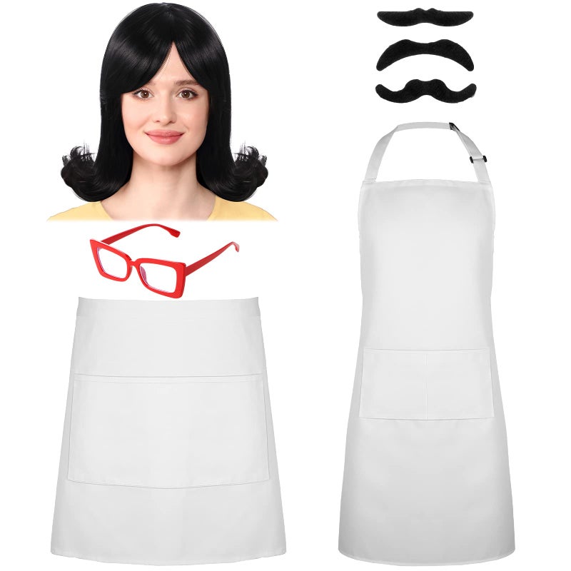 Chuangdi 7 Pcs Halloween Costume Set Include Short Flip Wigs Black Wig Red Eyeglasses White Half Apron White Apron and 3 Pcs Black Fake Mustaches for Cosplay