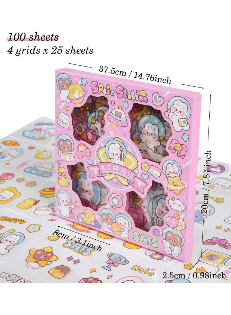 Excefore Kawaii Cartoon Bear Journaling Stickers - 100 Sheets PET Transparent Aesthetic Journaling Scrapbook Clipping Collage Supplies Diary Calendar DIY Album, for Teens Girls Boys (Cartoon Bear) - Image 2