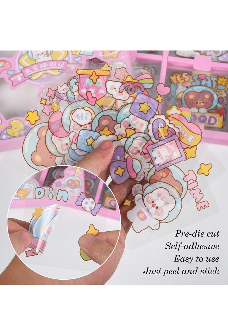 Excefore Kawaii Cartoon Bear Journaling Stickers - 100 Sheets PET Transparent Aesthetic Journaling Scrapbook Clipping Collage Supplies Diary Calendar DIY Album, for Teens Girls Boys (Cartoon Bear) - Image 4