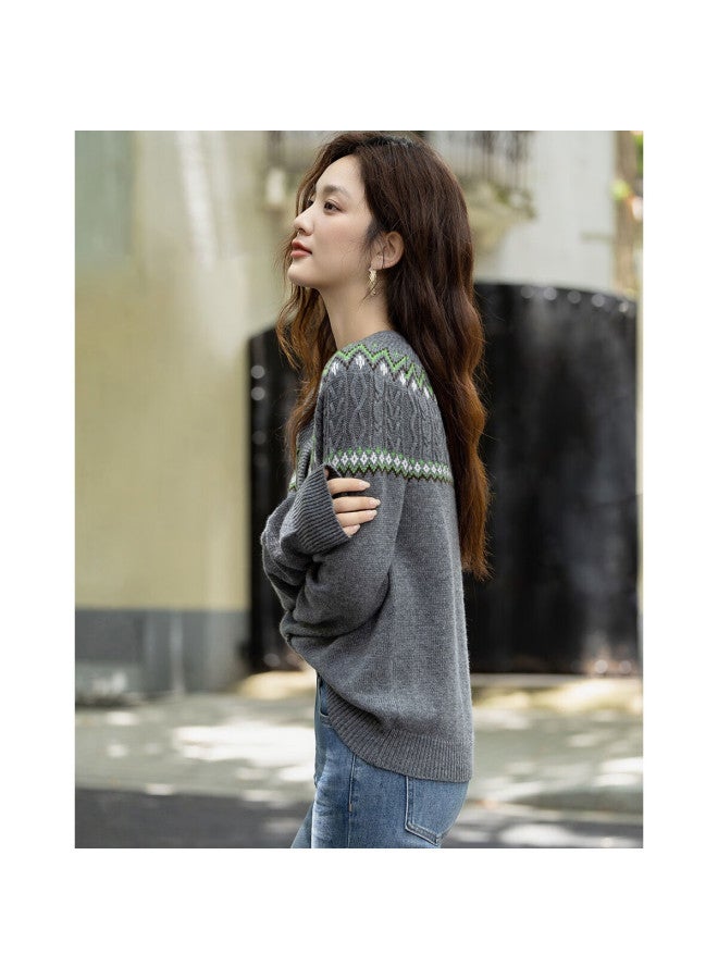 Dme Fluffy Shearling Winter Vintage Colorblock Jacquard Cable Knit Loose Sweater For Women - Image 4