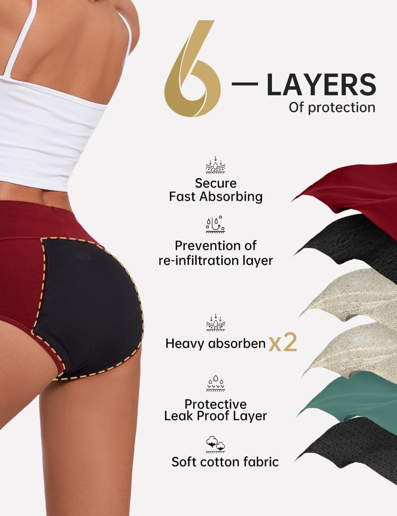 ALLBASE Womens Leakproof Period Underwear Heavy Flow Washable Postpartum Protection Panties High Absorbency Cotton High Waist Menstrual Briefs Multicolor(3 Pack Regular & Plus Size) - Image 4