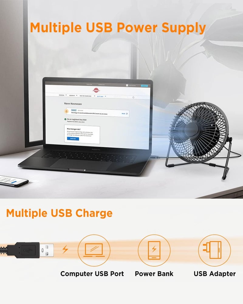 EasyAcc 5 Inch USB Desk Fan, Small USB Desk Fan, [Small Quiet Strong Airflow and 360° Rotating Personal Table Cooling Fan] USB Powered Portable Fan, 2 Speed（3.3~4.1 M/S Black (USB POWERED ONLY) - Image 5