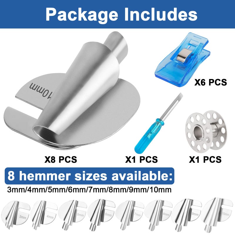 Sanchamy 2025 Upgraded Universal Sewing Rolled Hemmer Foot Set 8 Sizes Rolled Hem Presser Foot [3-10mm] Wide Rolled Hem Foot for Home Industrial Sewing Machine Sewing Supplies[8Pcs-3/4/5/6/7/8/9/10mm] - Image 2