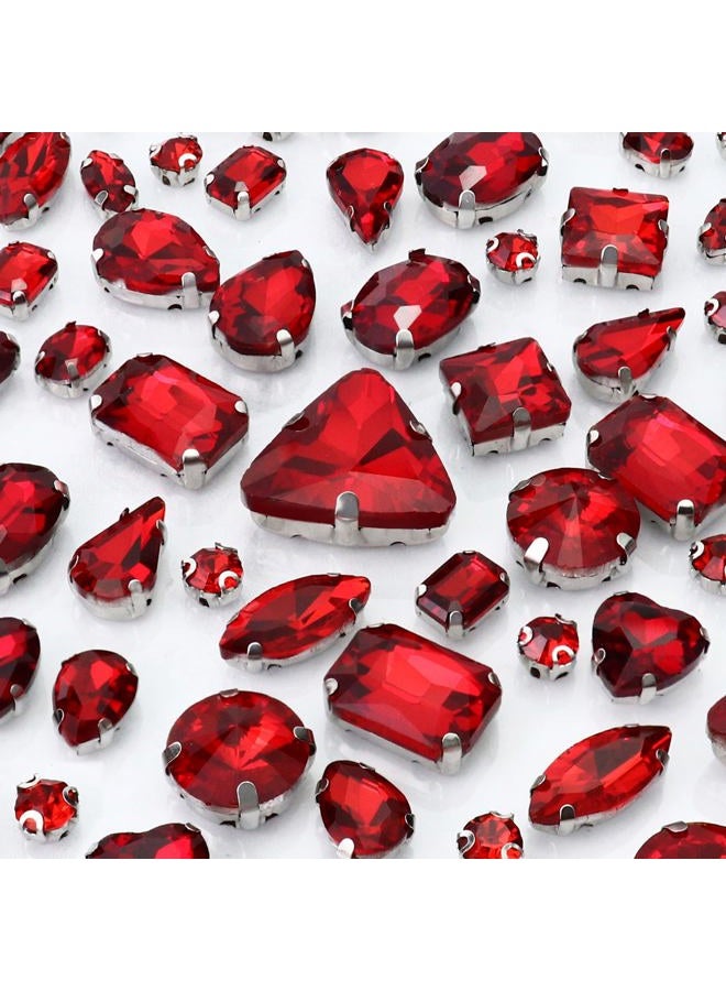 Dowarm Sew on Rhinestones 104 PCS Mixed Shapes Glass Sew on Crystals for Crafts Metal Flatback Claw Gemstones for Jewelry Making Costumes Clothes Garment, Red - Image 1