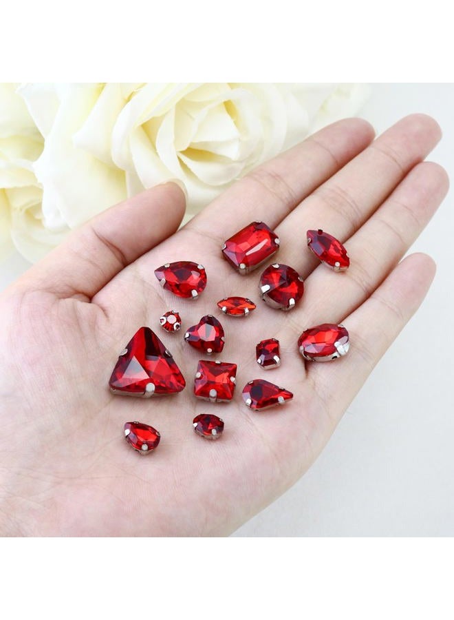Dowarm Sew on Rhinestones 104 PCS Mixed Shapes Glass Sew on Crystals for Crafts Metal Flatback Claw Gemstones for Jewelry Making Costumes Clothes Garment, Red - Image 2