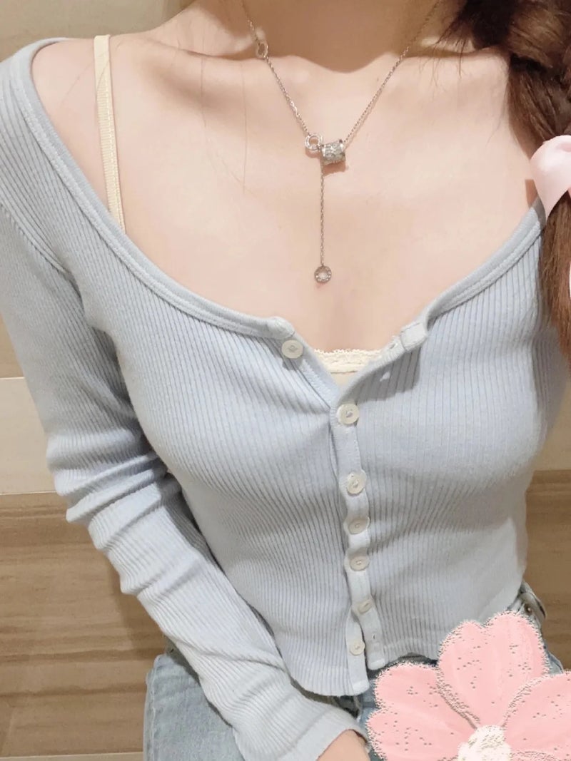 Sweet Baby Blue Short Rib Cardigan Sunscreen Coat Women'S Slim-Fit Thin Top Women'S Summer And Autumn Base Commuter - Image 5