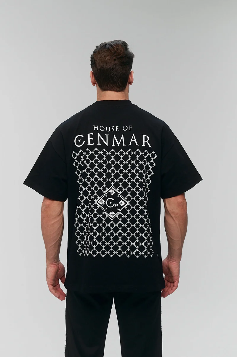 هاوس اوف سينمار Black T-shirt with Cenmar pattern printed