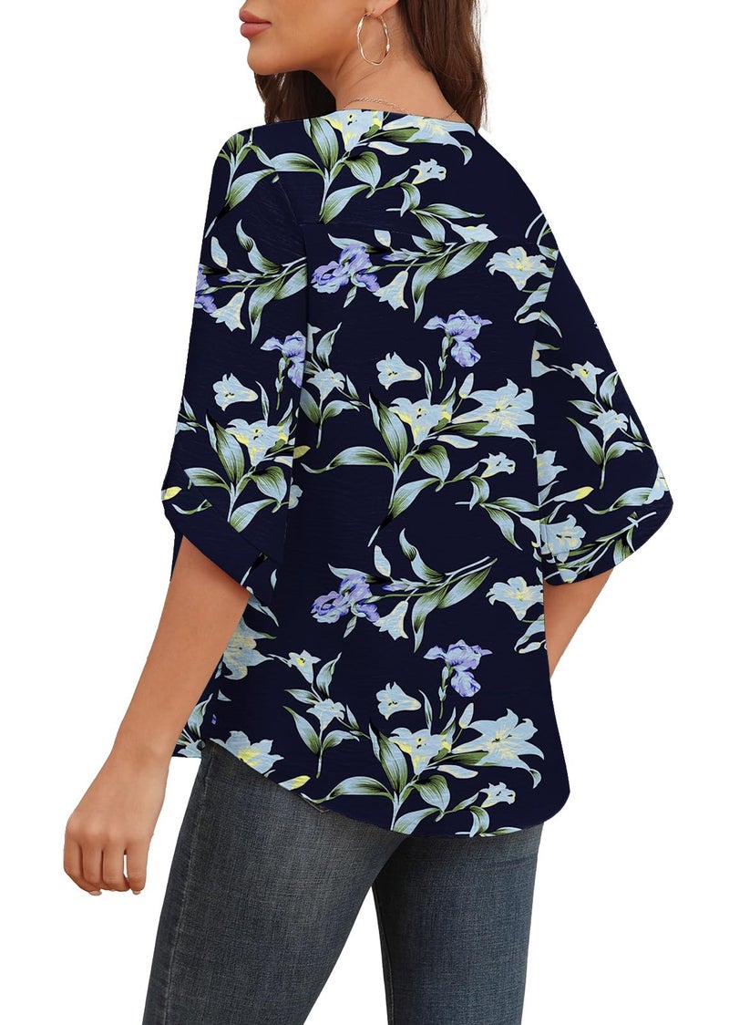 Askyes Womens Blouses Summer Casual Bell Short Sleeve Fashion Tops for Women Flowy Chiffon Tunic Shirts,Blue Lily,L - Image 2