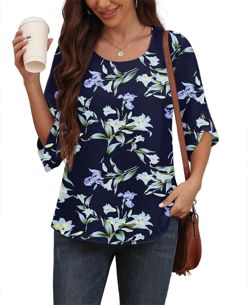 Askyes Womens Blouses Summer Casual Bell Short Sleeve Fashion Tops for Women Flowy Chiffon Tunic Shirts,Blue Lily,L - Image 3