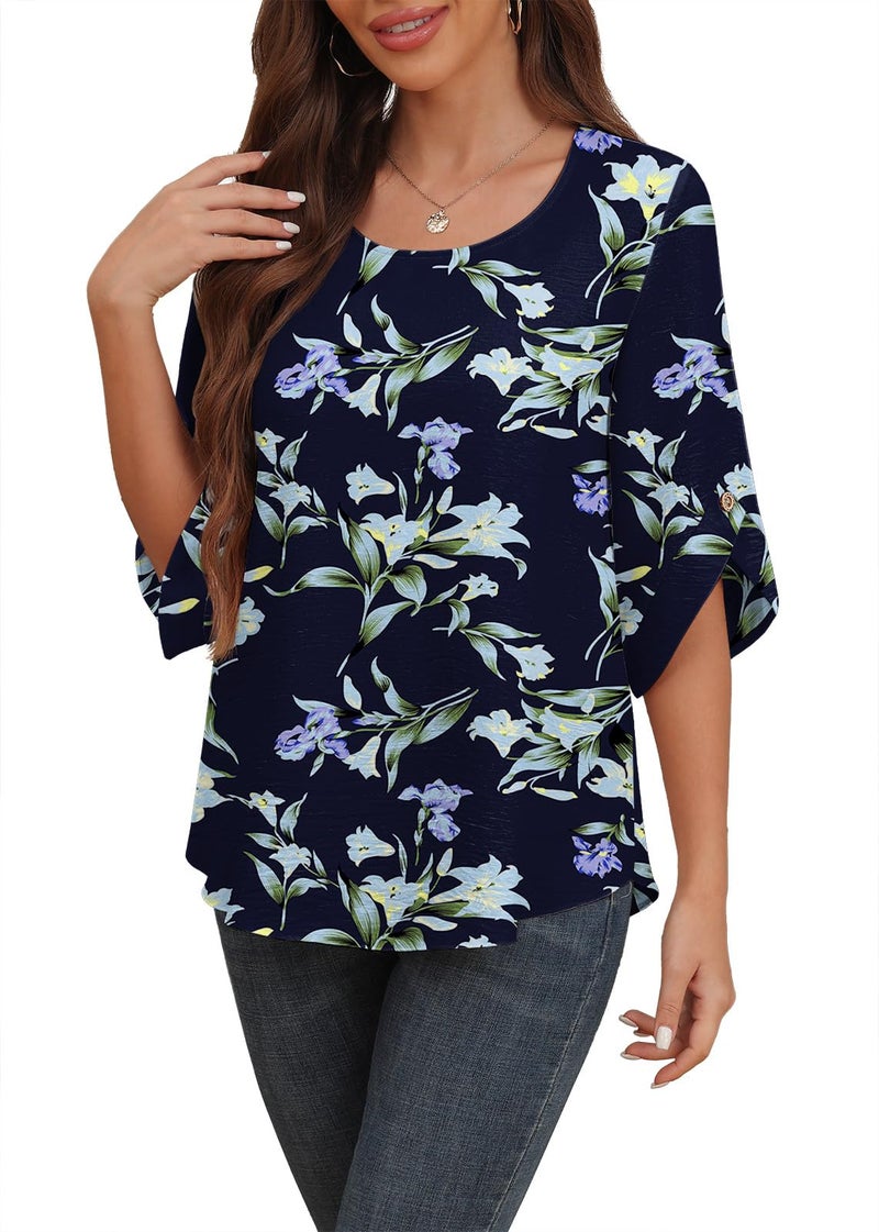 Askyes Womens Blouses Summer Casual Bell Short Sleeve Fashion Tops for Women Flowy Chiffon Tunic Shirts,Blue Lily,L - Image 1