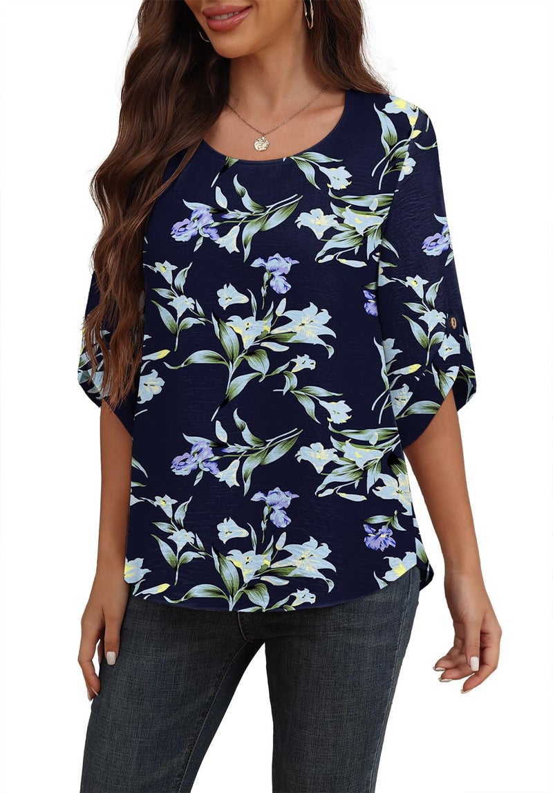 Askyes Womens Blouses Summer Casual Bell Short Sleeve Fashion Tops for Women Flowy Chiffon Tunic Shirts,Blue Lily,L - Image 4