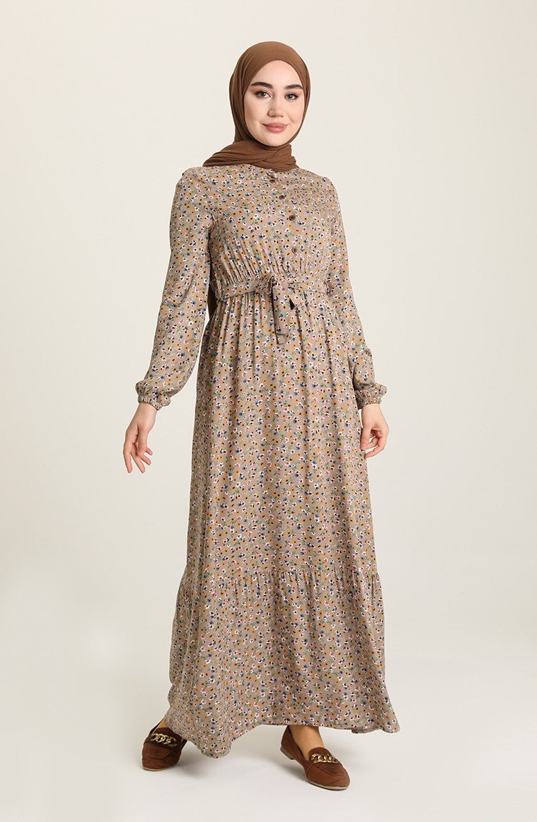 Sefa Merve Floral Patterned Dress 4066-02 Mink  - Image 2