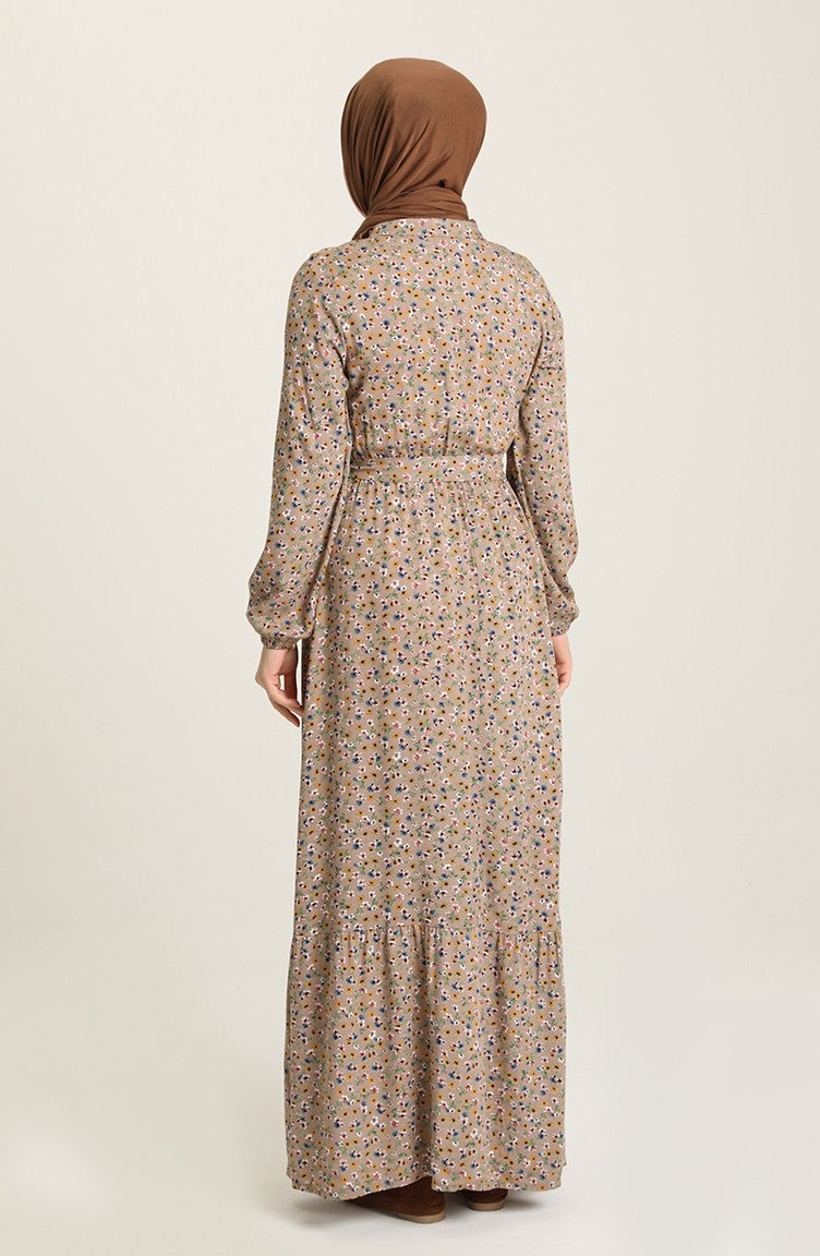 Sefa Merve Floral Patterned Dress 4066-02 Mink  - Image 3