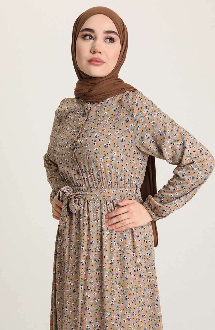 Sefa Merve Floral Patterned Dress 4066-02 Mink  - Image 4