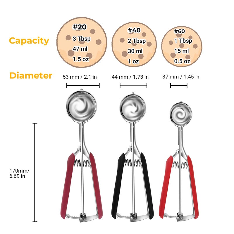 Amroicus Cookie Scoop Set, Cookie Scoops for Baking Set of 3, Stainless Steel Ice Cream Scoop, 1 Tbsp/2 Tbsp/3 Tbsp Cookie Dough Scoop, Cookie Scooper for Cookie Cupcake Muffin Truffles Ice Cream - Image 2