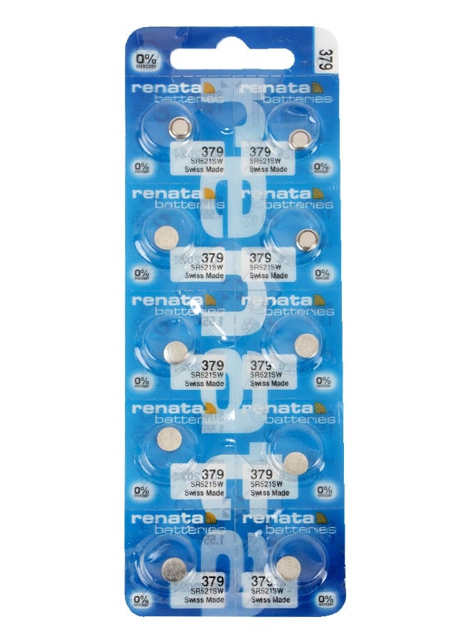 Renata wristwatch battery - Swiss made, 1.55V button cell, Renata Long Life Battery, Strap (10 pcs) 379-3, SR521SW