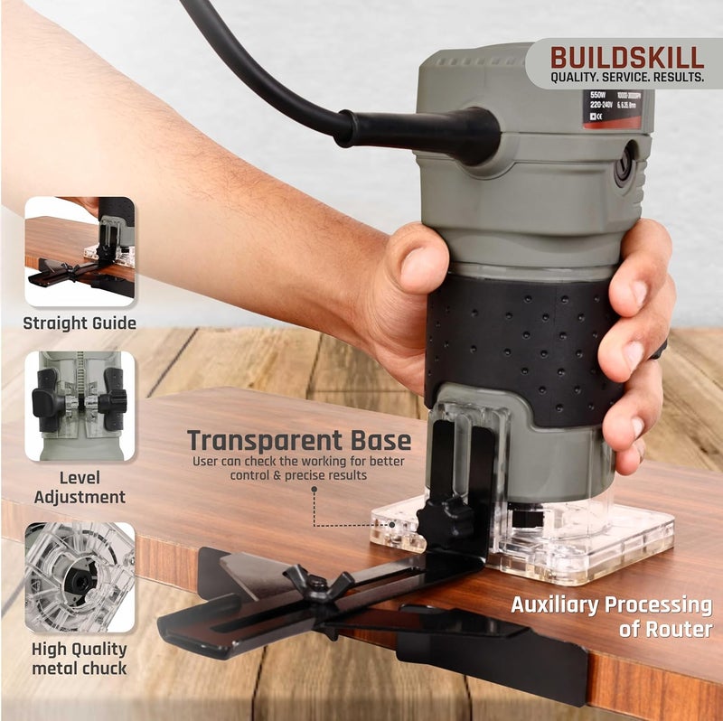 BUILDSKILL ماكينة توجيه الخشب الاحترافية BUILDSKILL 550W مع محرك نحاسي 1000030000RPM 6 إعدادات سرعة 6mm 635mm 8mm كوليت مقبض ناعم TPR مثالي لتقليم الخشب للحرف اليدوية DIY - Image 5