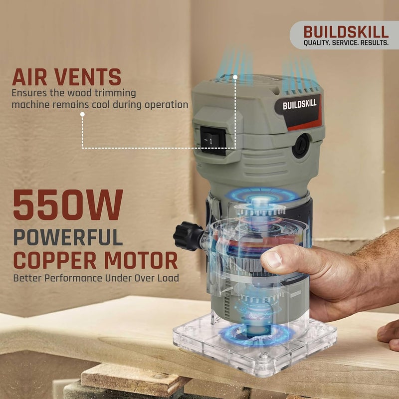 BUILDSKILL ماكينة توجيه الخشب الاحترافية BUILDSKILL 550W مع محرك نحاسي 1000030000RPM 6 إعدادات سرعة 6mm 635mm 8mm كوليت مقبض ناعم TPR مثالي لتقليم الخشب للحرف اليدوية DIY - Image 2