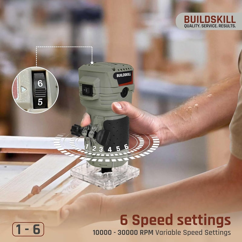 BUILDSKILL ماكينة توجيه الخشب الاحترافية BUILDSKILL 550W مع محرك نحاسي 1000030000RPM 6 إعدادات سرعة 6mm 635mm 8mm كوليت مقبض ناعم TPR مثالي لتقليم الخشب للحرف اليدوية DIY - Image 3