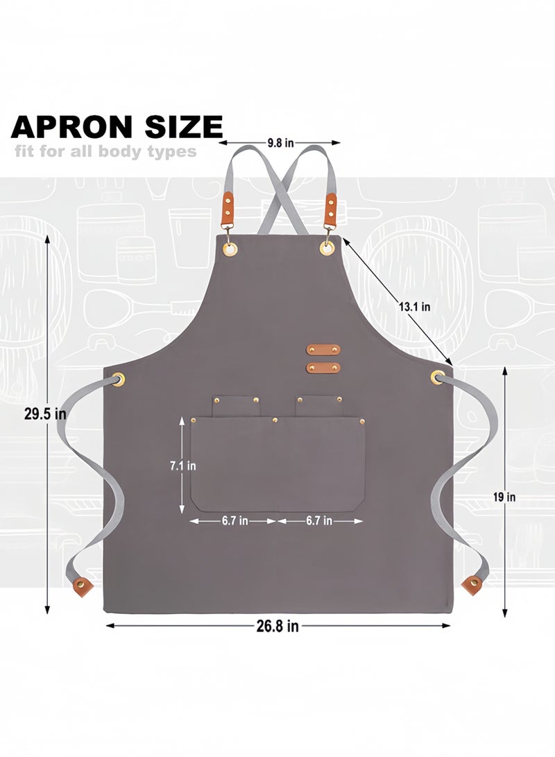 BELANO Cross Back Apron, Adjustable Straps, Large Pockets, Waterproof Canvas Work Bib for Chef Barber Woodworking Welding, Grey - Image 2