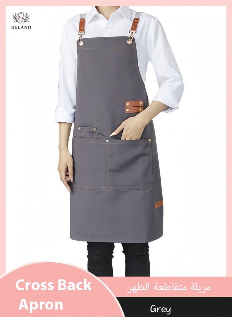 BELANO Cross Back Apron, Adjustable Straps, Large Pockets, Waterproof Canvas Work Bib for Chef Barber Woodworking Welding, Grey - Image 1