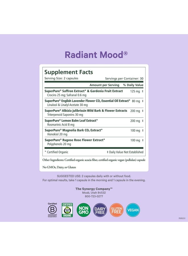 بيور سينرجي، مُحسّن للمزاج | مُكمّل طبيعي للمزاج والنوم مع الزعفران العضوي | مع الزعفران، بلسم الليمون، ولحاء الماغنوليا | لتحسين النوم وتخفيف التوتر (60 كبسولة) - Image 1