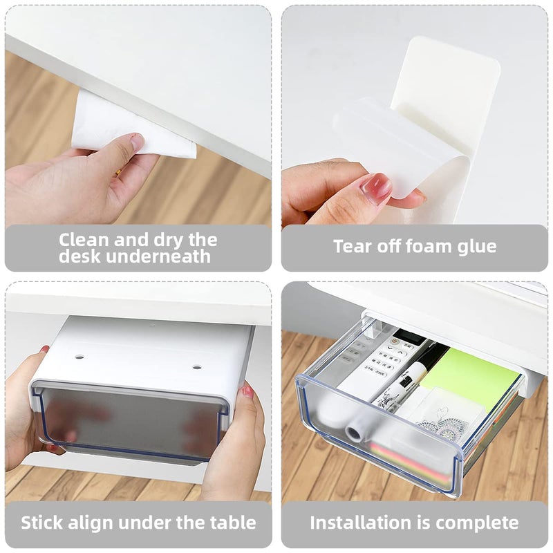 yuntop 1 Pcs Under Desk Drawer, Under Table Hidden Organizer, Plastic Self-adhesive Slide out Under Desk Storage Drawer for Office Dresser Home School Stationery Kitchen (White) - Image 5