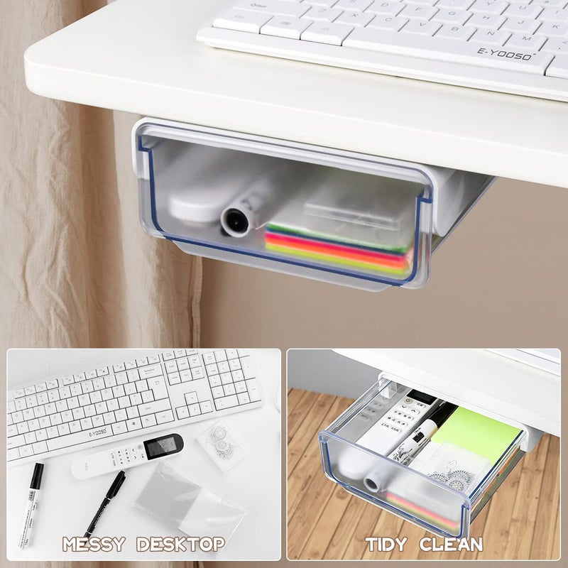 yuntop 1 Pcs Under Desk Drawer, Under Table Hidden Organizer, Plastic Self-adhesive Slide out Under Desk Storage Drawer for Office Dresser Home School Stationery Kitchen (White) - Image 4