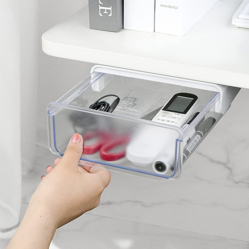 yuntop 1 Pcs Under Desk Drawer, Under Table Hidden Organizer, Plastic Self-adhesive Slide out Under Desk Storage Drawer for Office Dresser Home School Stationery Kitchen (White) - Image 2