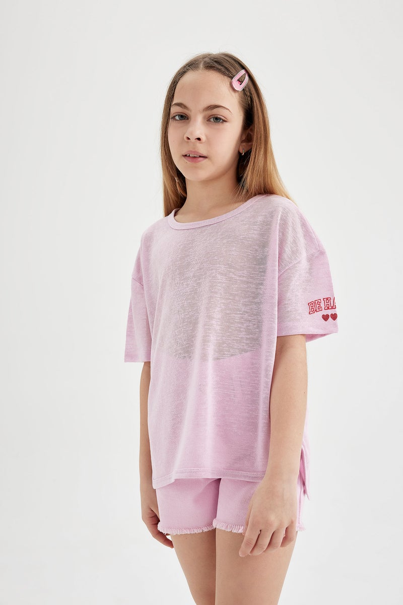 ديفاكتو تيشيرت نص كم بناتي اوفر سايز قصة عادية - Image 1