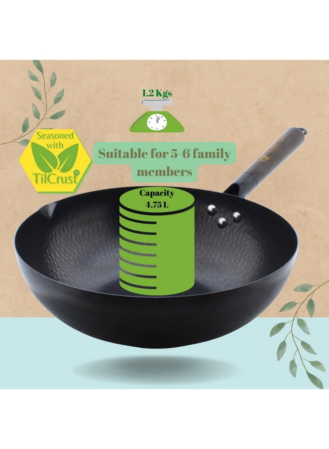 TRILONIUM Carbon Steel Chinese Wok 30 cms, Capacity 4.75 litres | Hammered and Pre-Seasoned - Image 3
